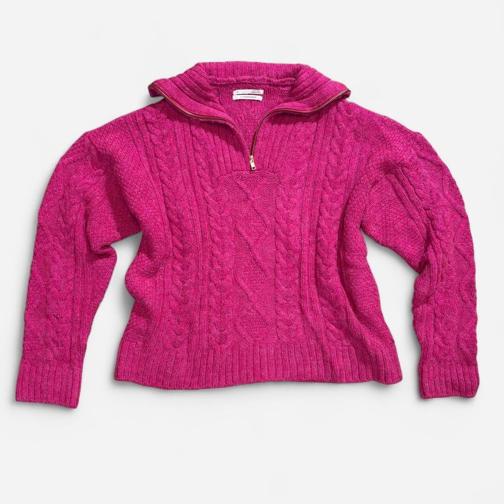 Anthropologie Payton Cable Knit 1/4 Zip Pullover Sweater, Fuchsia Pink, XL
